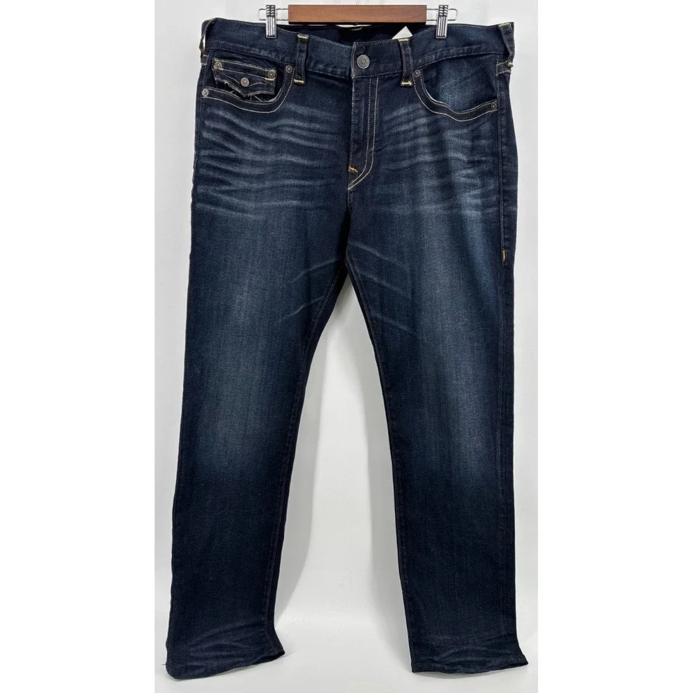 True Religion Geno Relaxed Slim Jeans Mens Blue Denim Stretch Biker 40 x 32.5